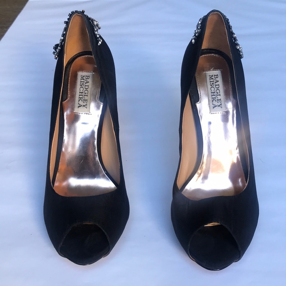 Badgley Mischka open toe black heel with jewels